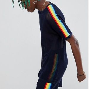 Knitted Mesh T-Shirt with Rainbow Stripe in Navy